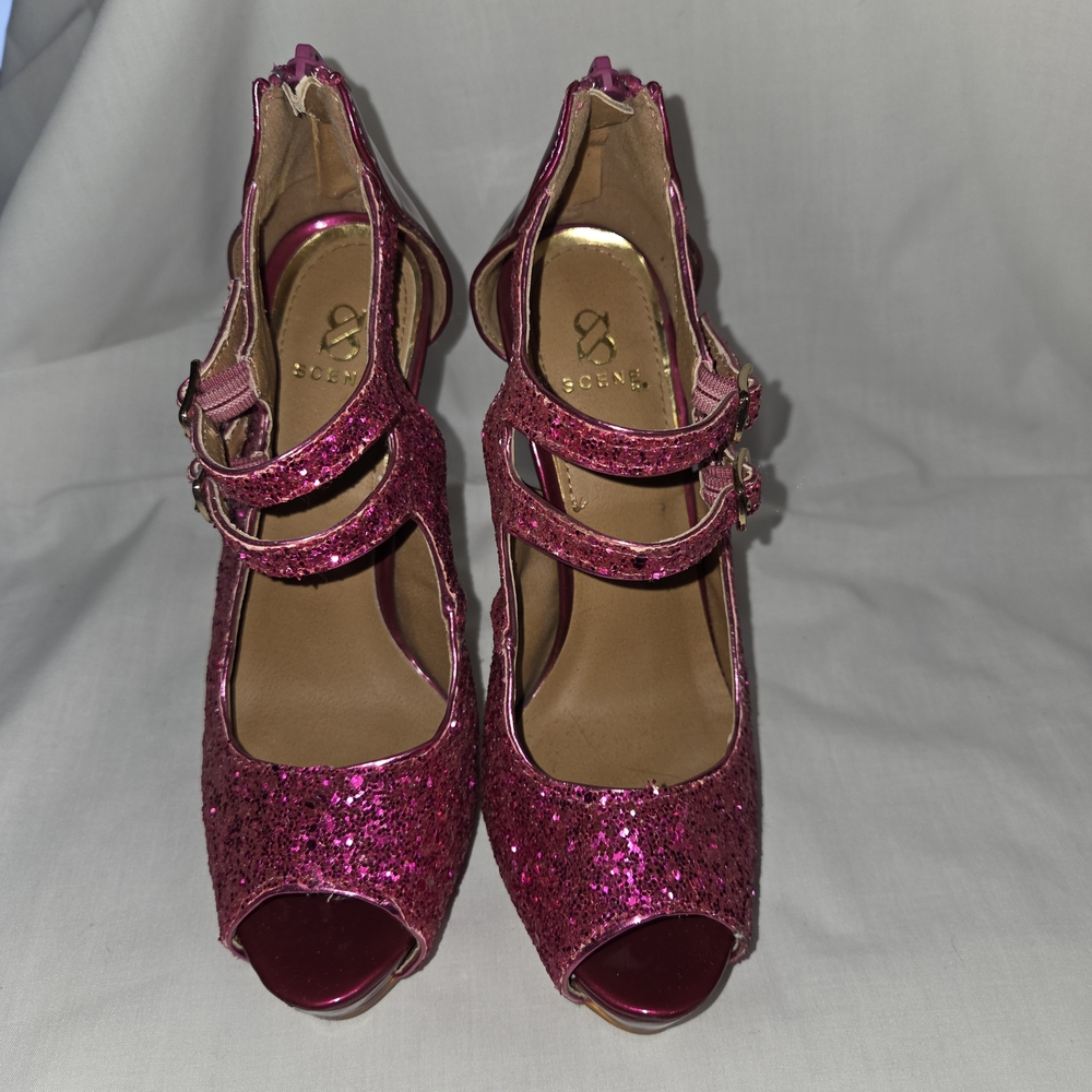 Shoe Dazzle Fuchsia Glitter Double-Strap Platform Heels - Picture 9 of 9